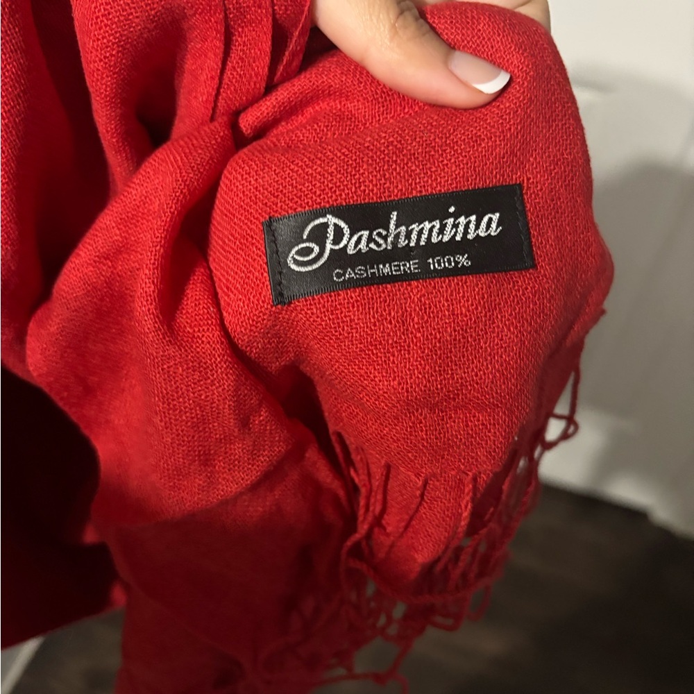 Pashmina Red Cashmere Scarf with Fringe